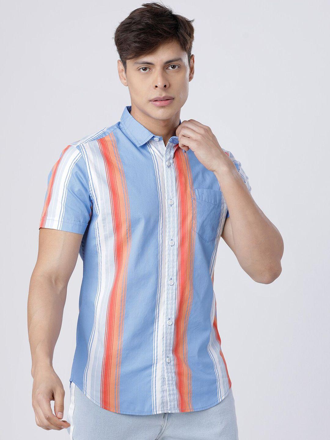 locomotive men blue & coral pink slim fit striped casual shirt