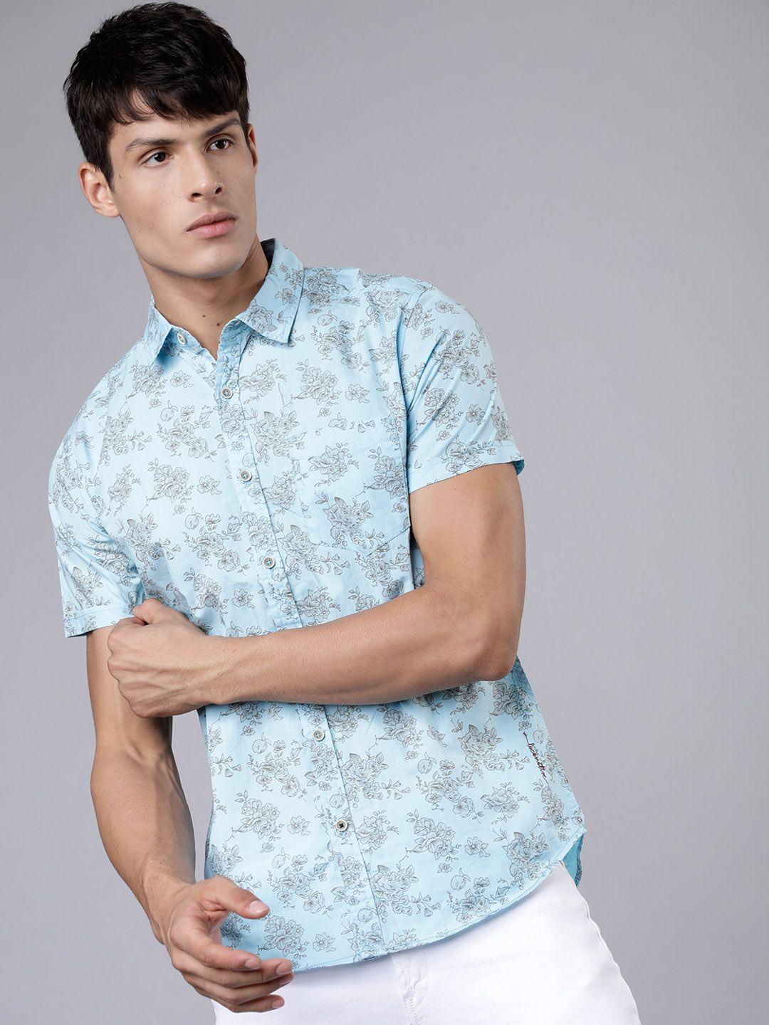 locomotive men blue & grey slim fit printed casual shirt