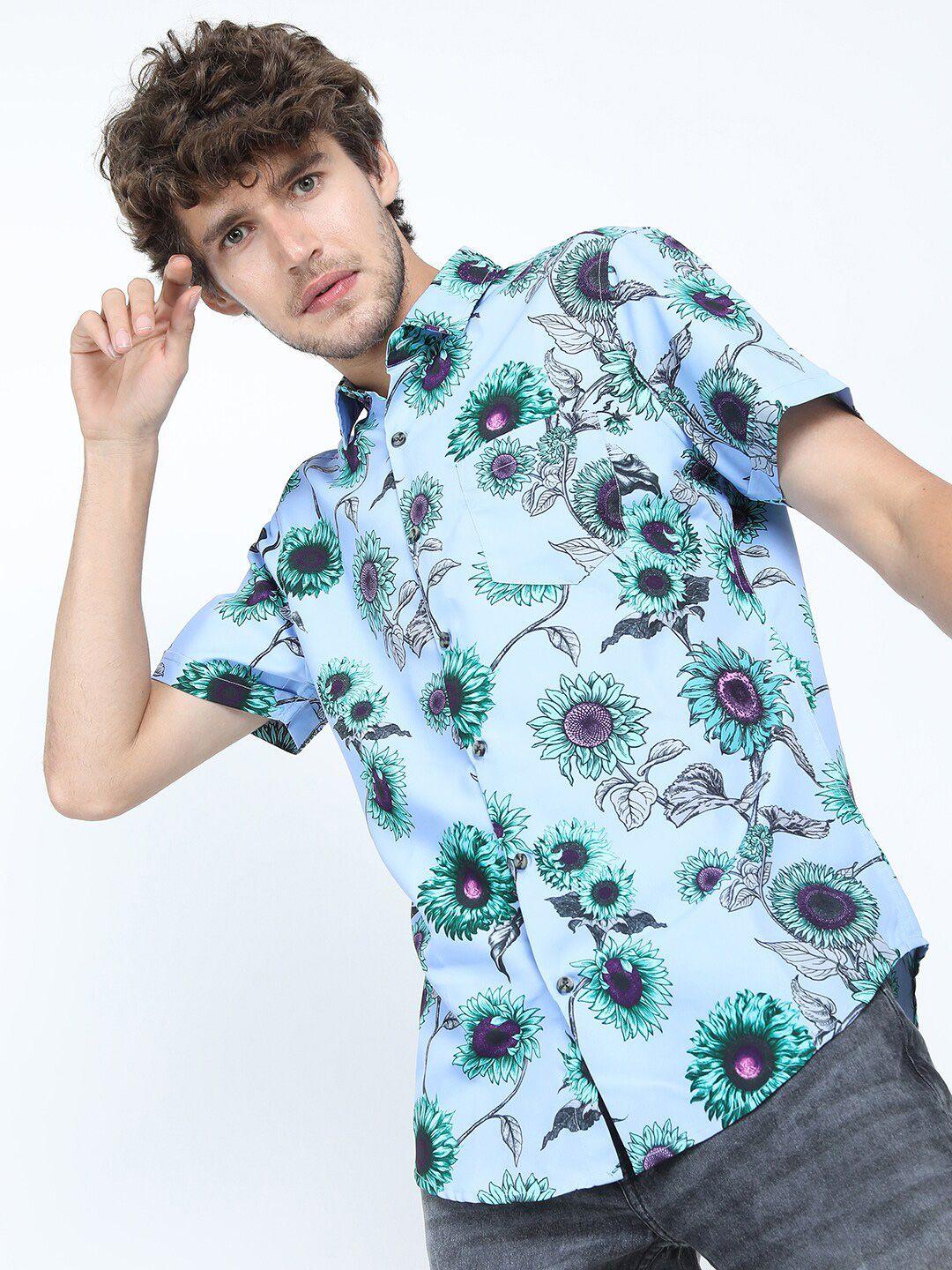 locomotive men blue slim fit floral printed casual cotton shirt