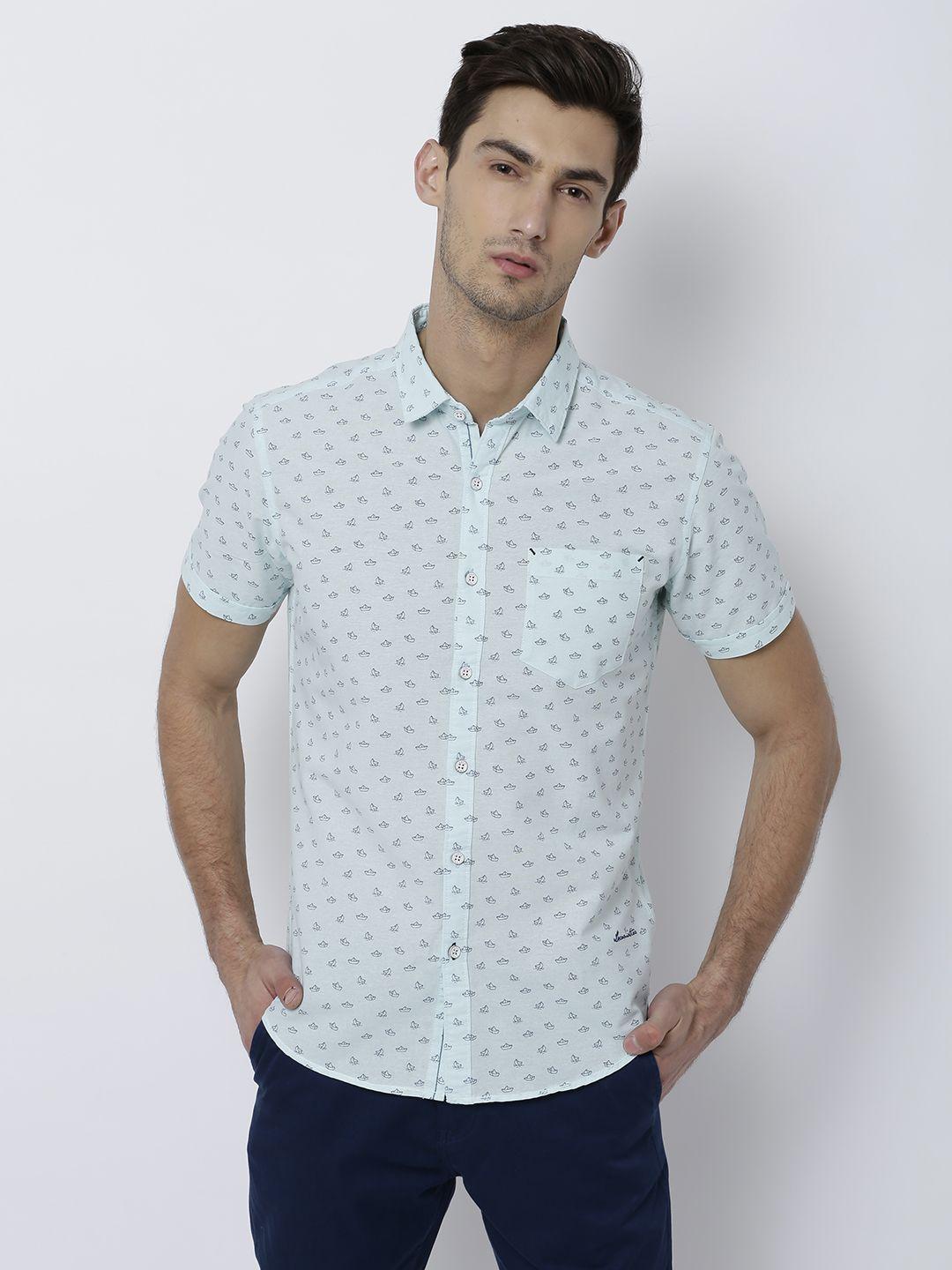 locomotive men blue slim fit printed casual shirt