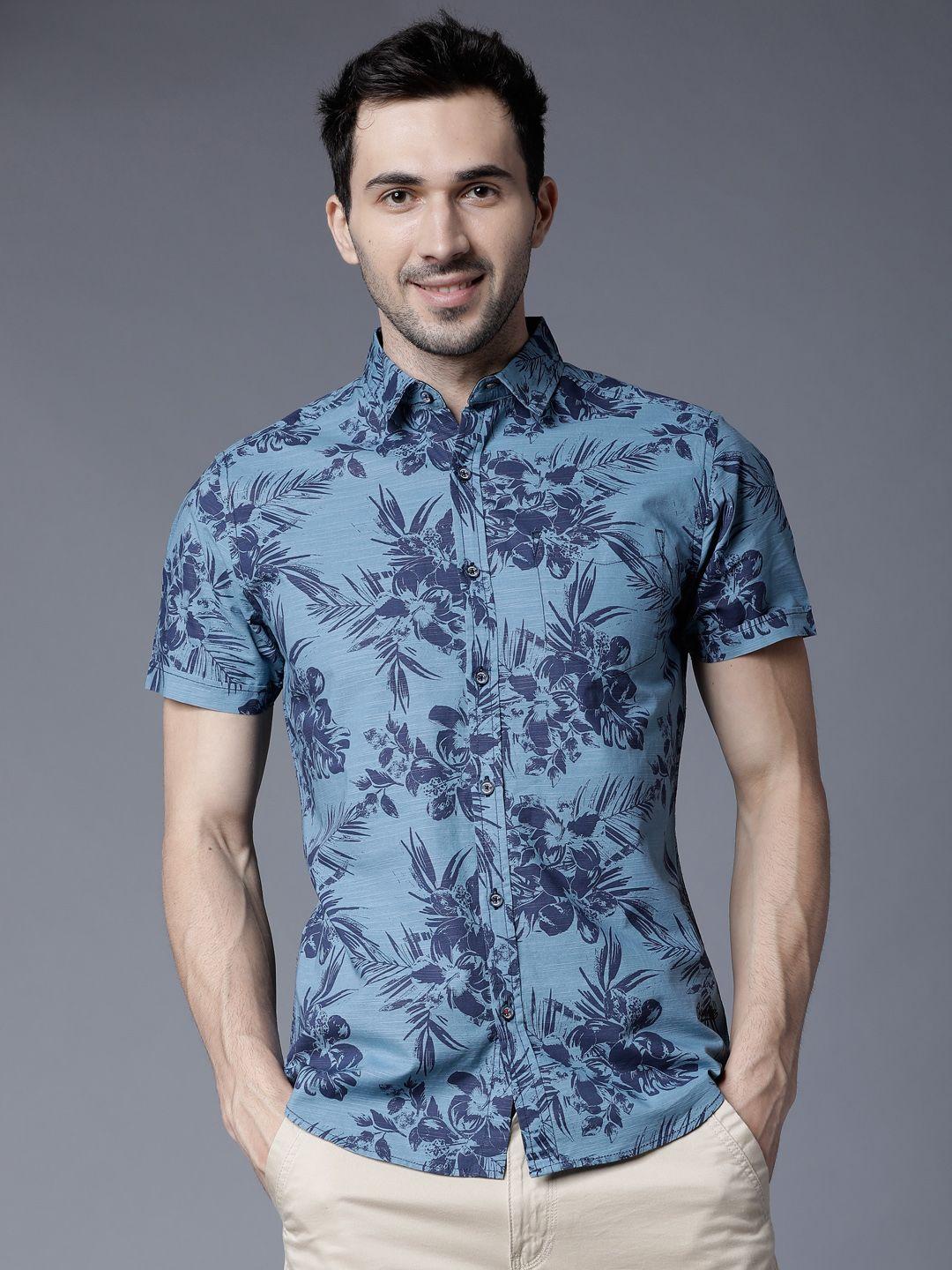 locomotive men blue slim fit printed casual shirt