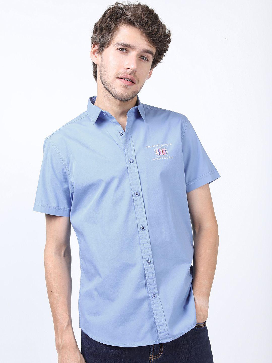 locomotive men blue solid slim fit casual cotton shirt