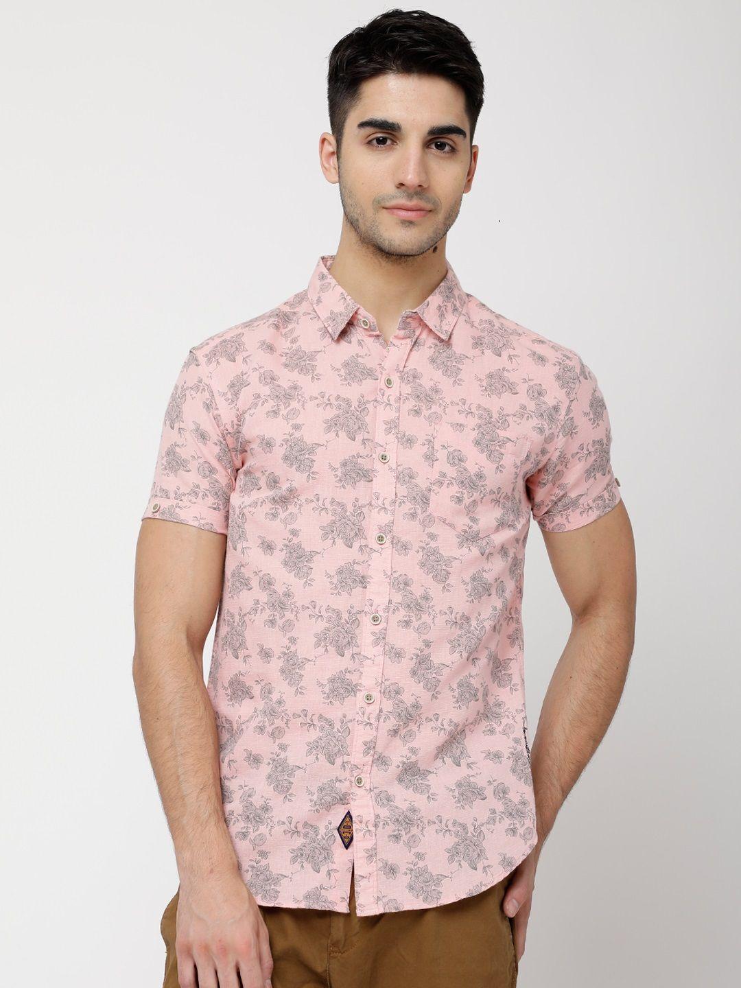 locomotive men coral & grey slim fit printed casual shirt