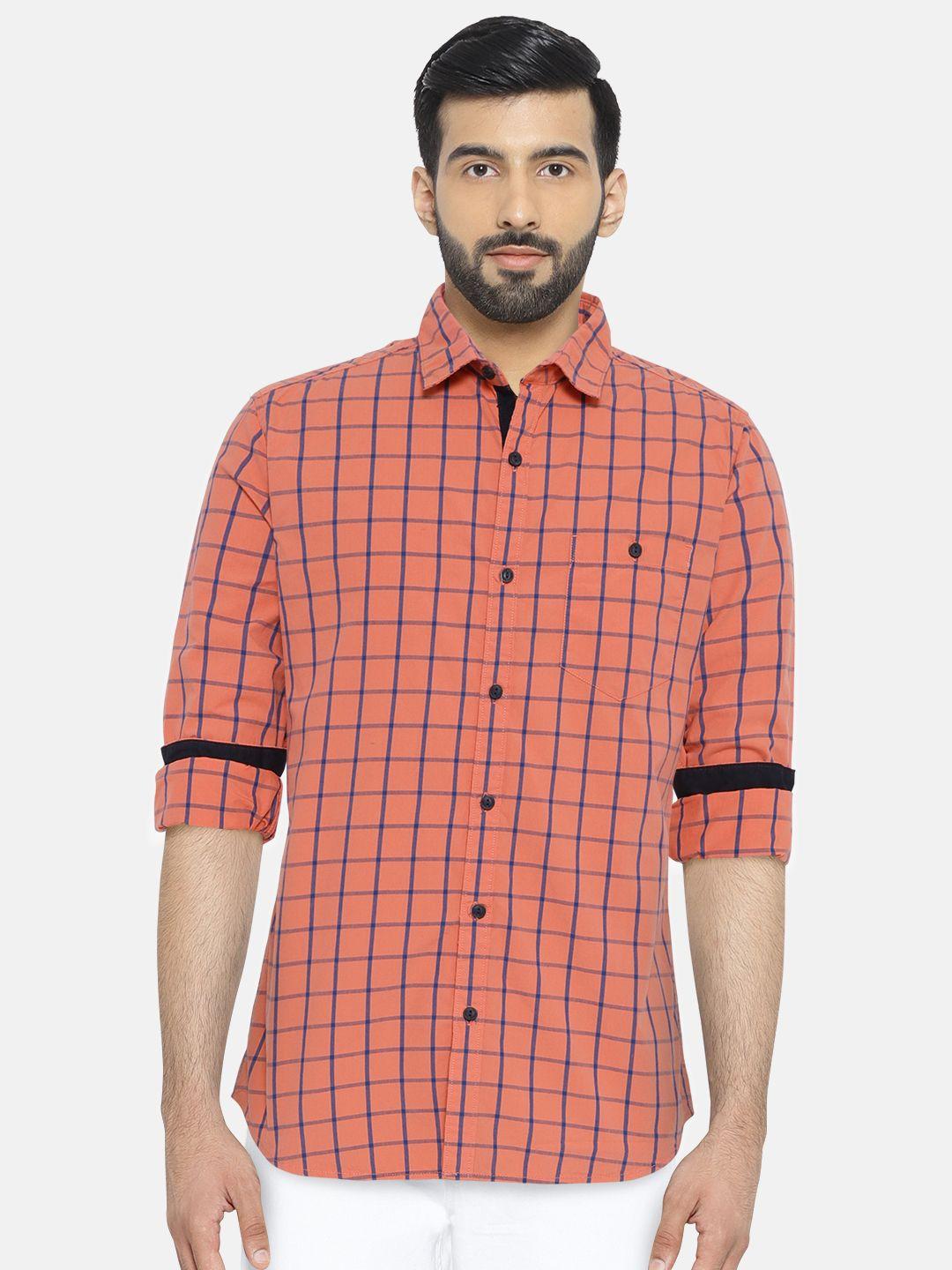 locomotive men coral & navy blue slim fit checked casual shirt