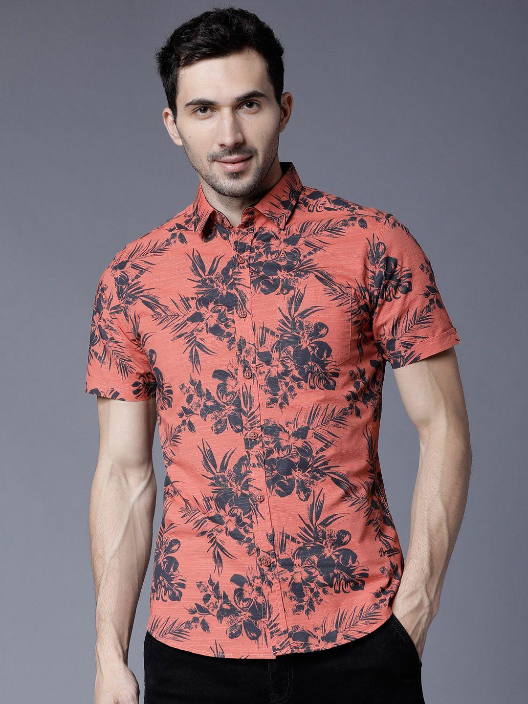 locomotive men coral orange & navy blue slim fit printed casual shirt