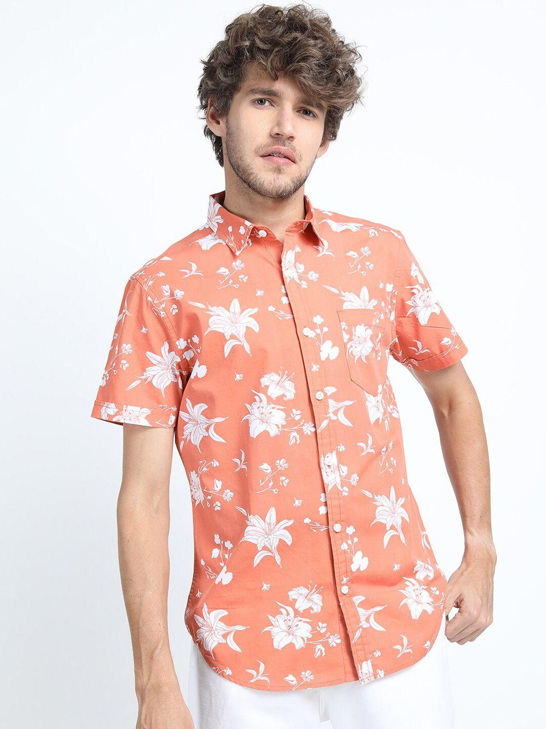 locomotive men coral pink slim fit floral printed casual shirt