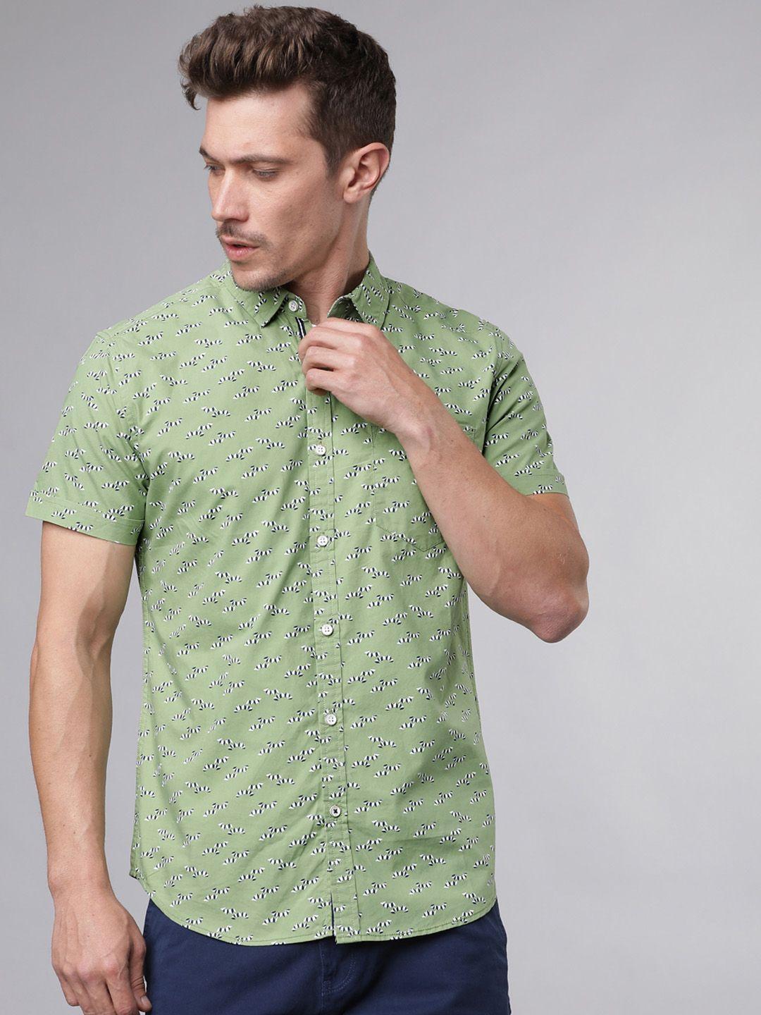 locomotive men green & navy blue slim fit printed casual shirt