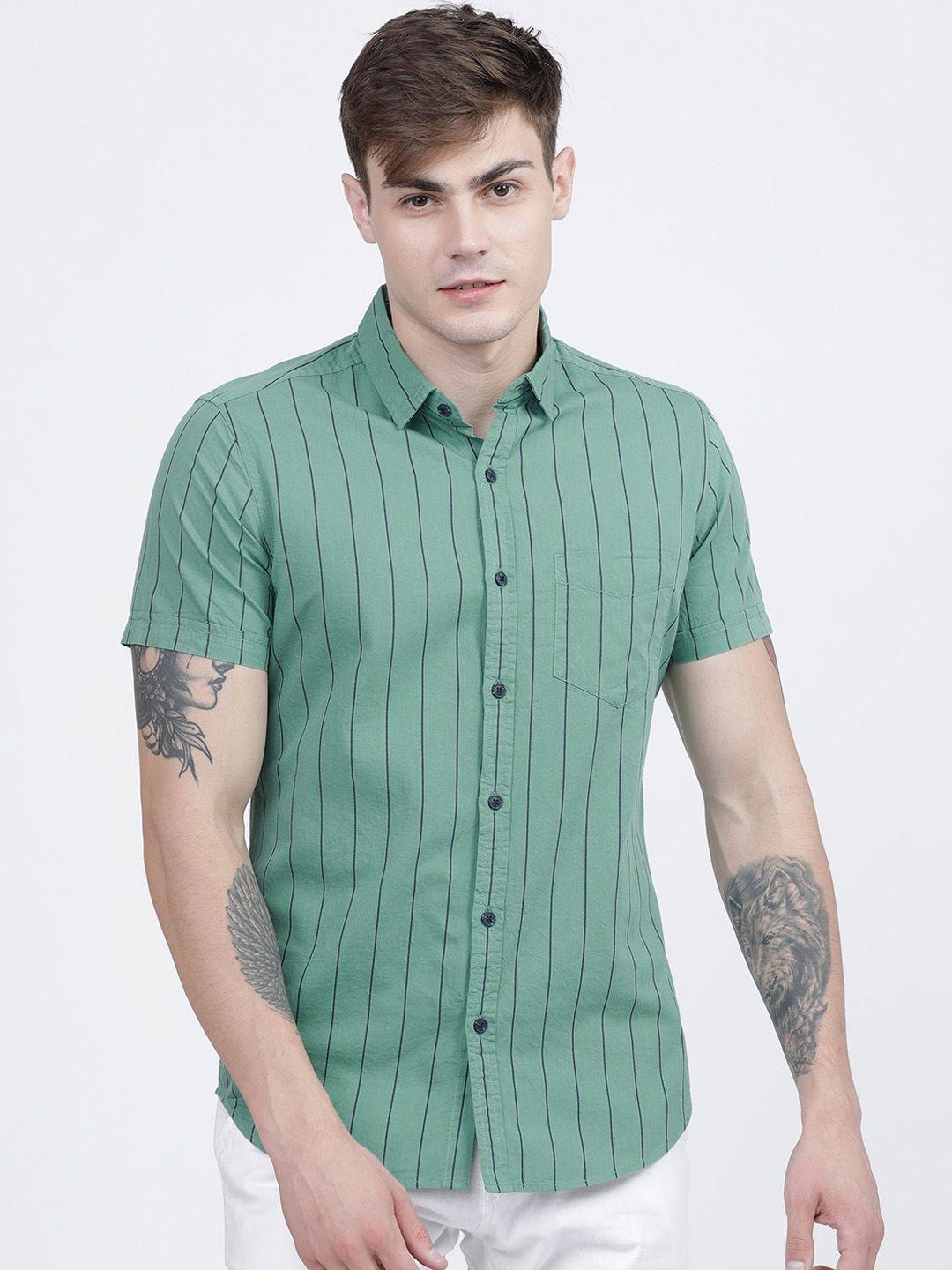 locomotive men green slim fit striped casual shirt