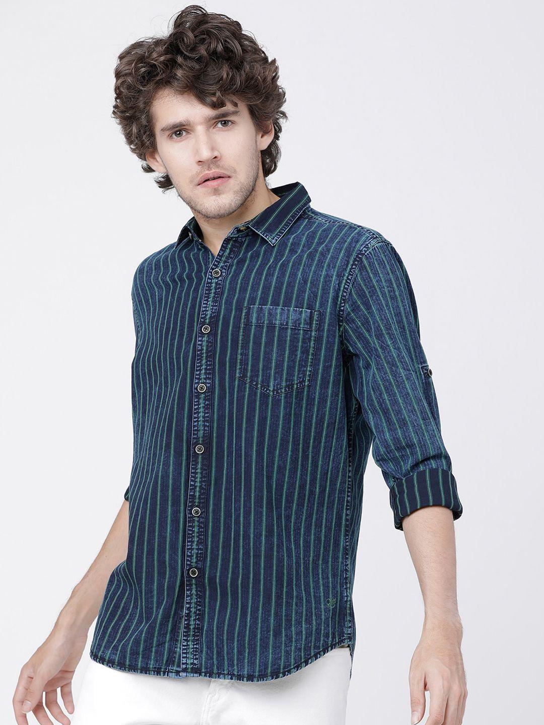 locomotive men indigo & green slim fit striped casual shirt