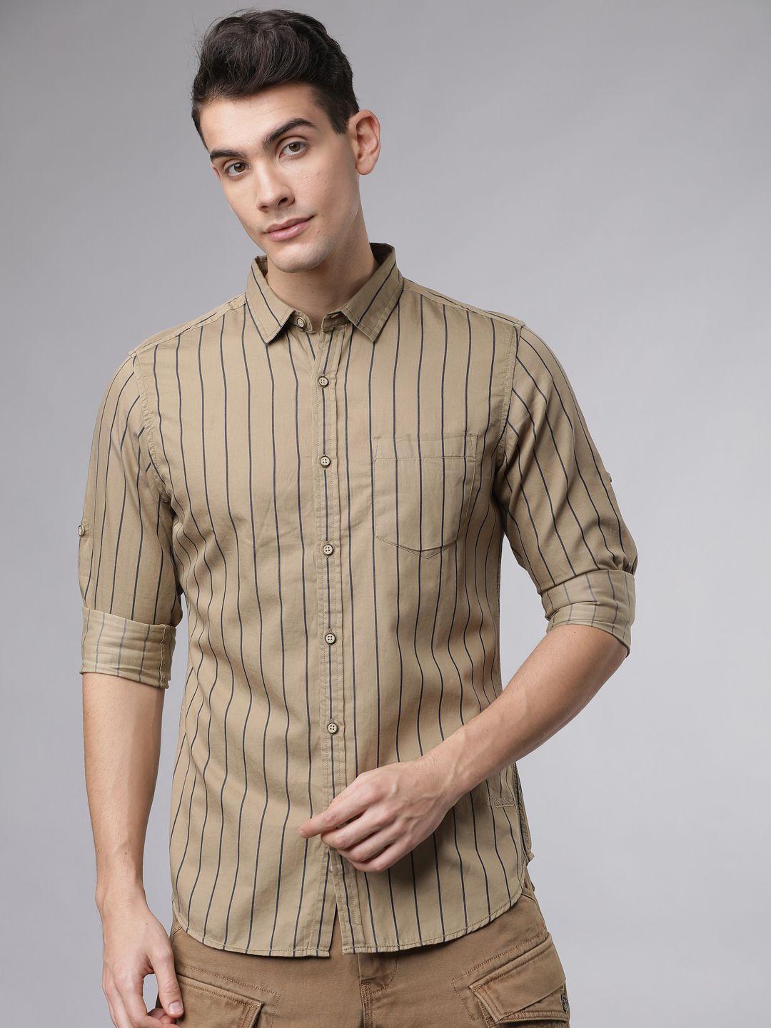 locomotive men khaki & navy blue slim fit striped casual shirt