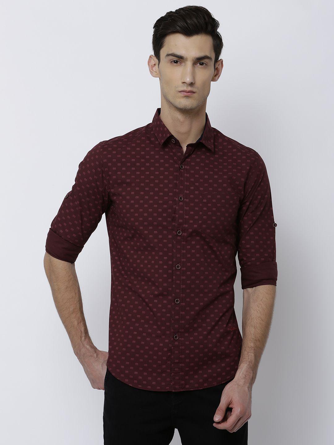 locomotive men maroon slim fit printed casual shirt