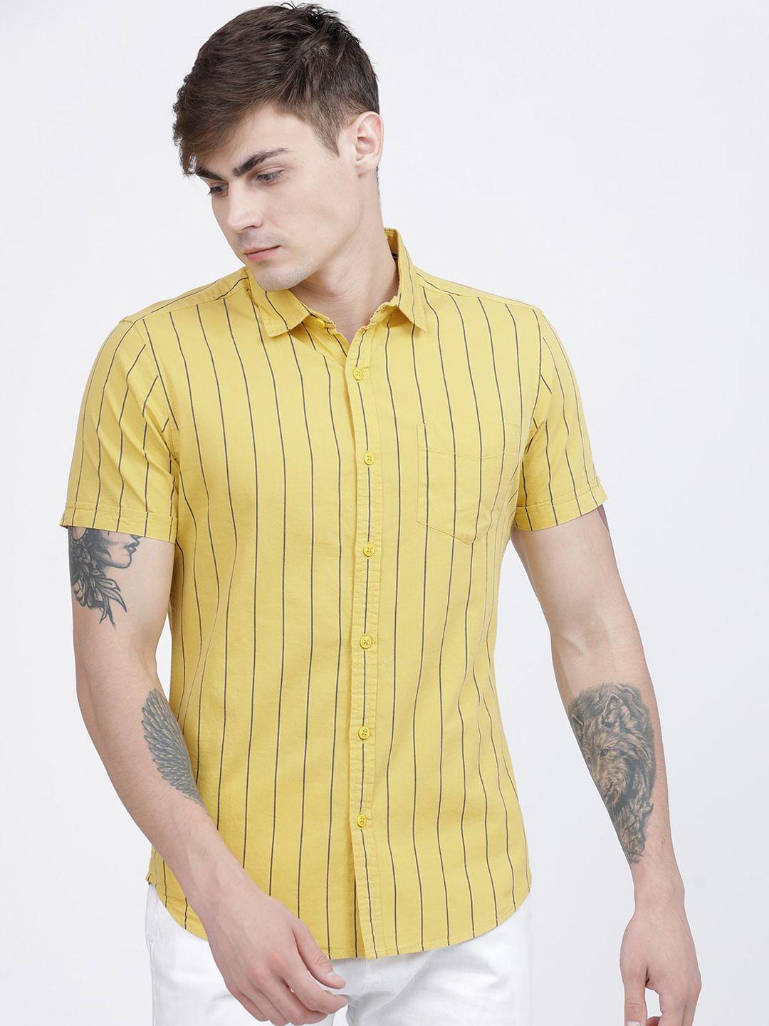 locomotive men mustard yellow & black slim fit striped casual shirt