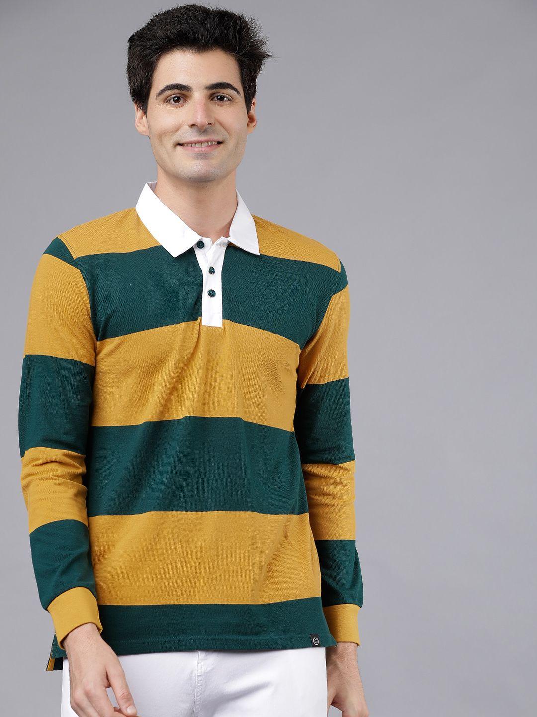 locomotive men mustard yellow & green striped polo collar t-shirt