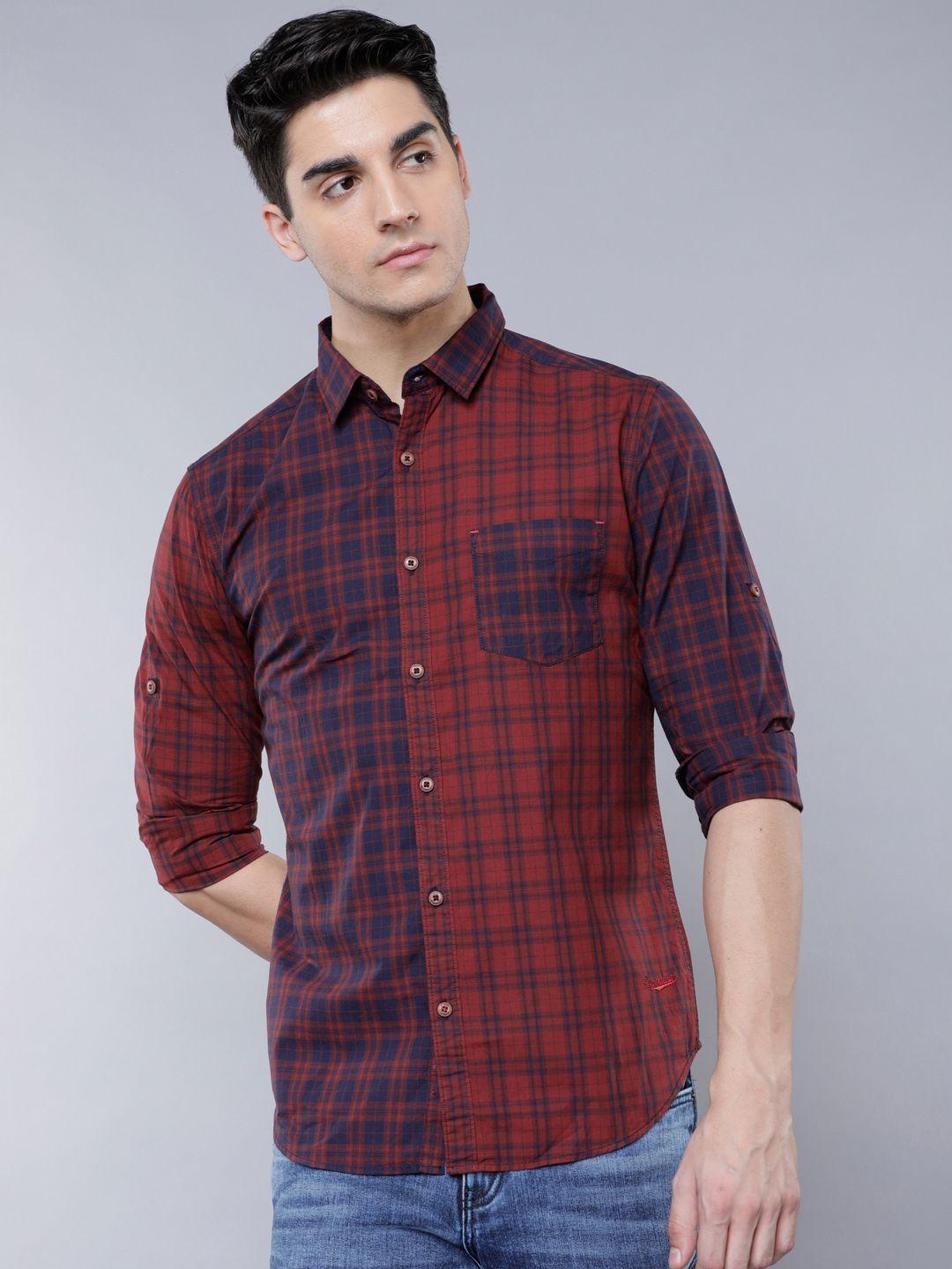 locomotive men navy blue & maroon slim fit checked casual shirt