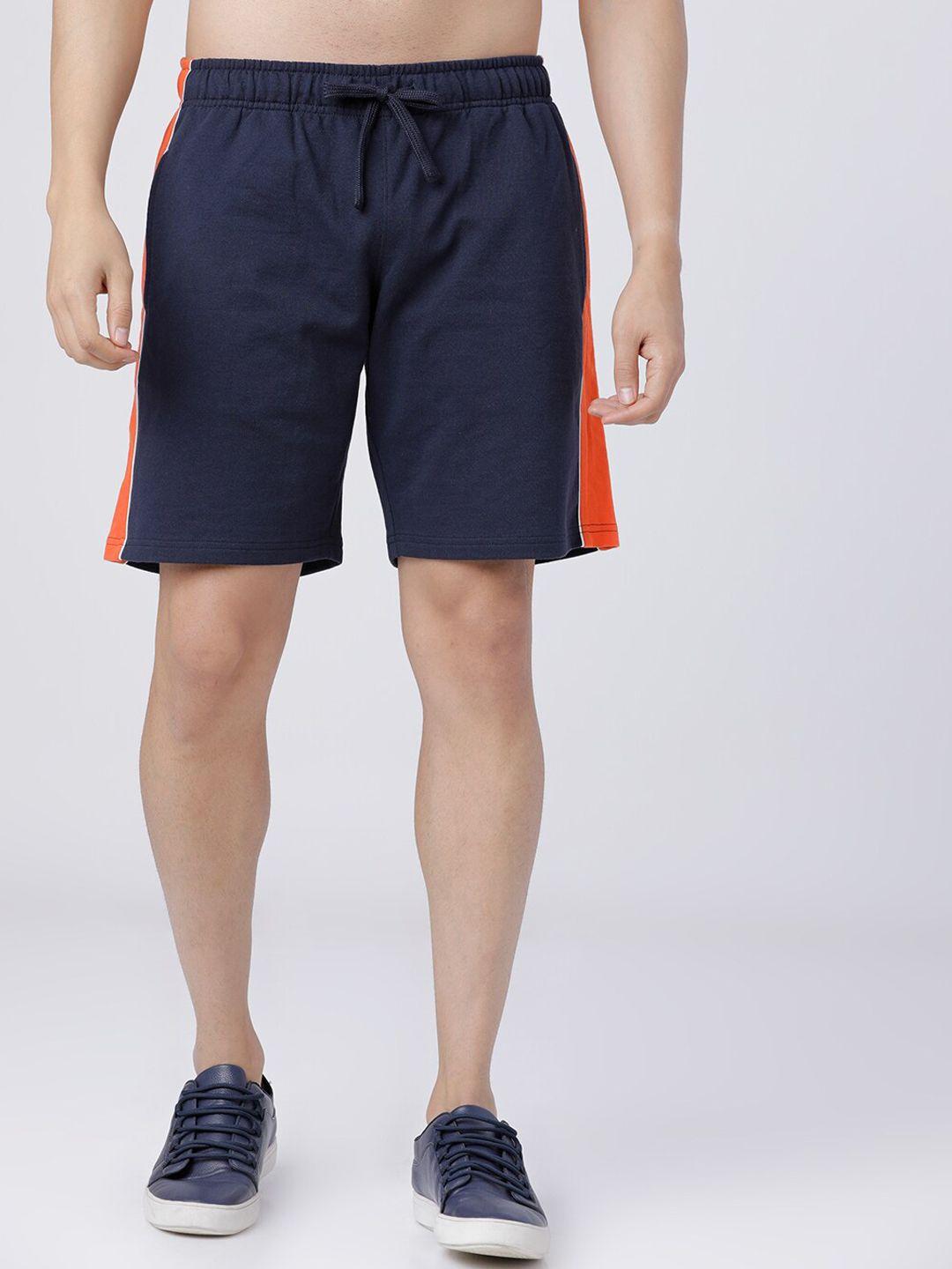 locomotive men navy blue & orange colourblocked slim fit sports shorts