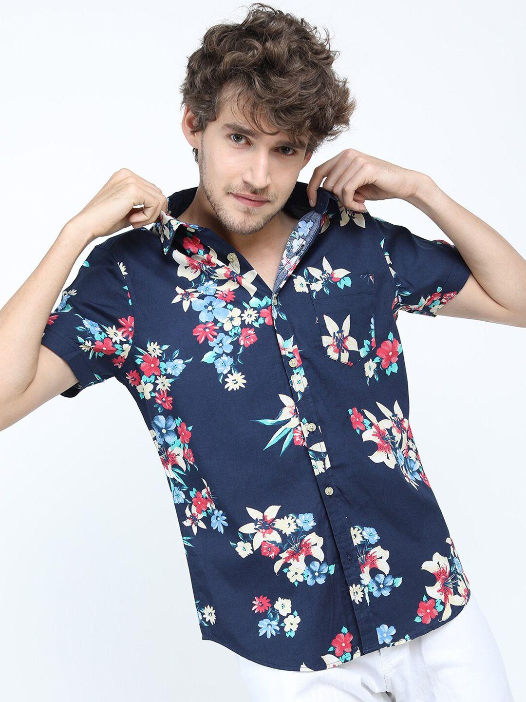 locomotive men navy blue & red slim fit floral printed cotton casual shirt