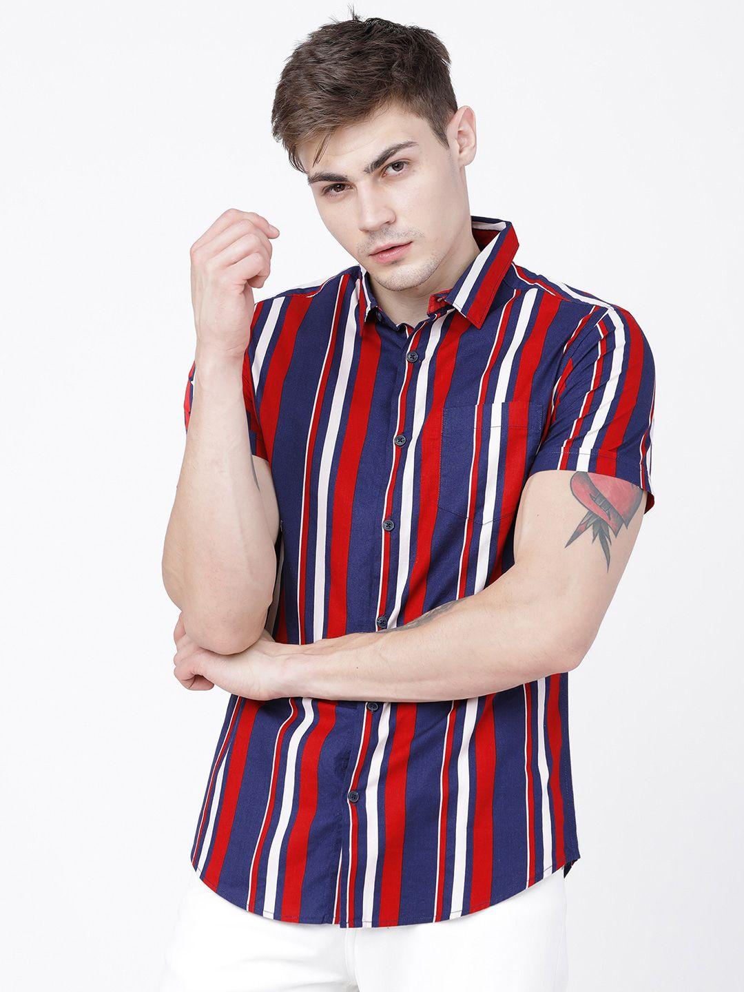 locomotive men navy blue & red slim fit striped casual shirt