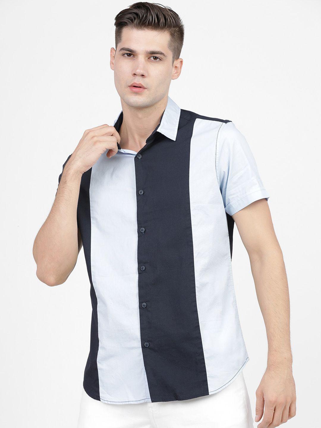 locomotive men navy blue slim fit colourblocked casual shirt