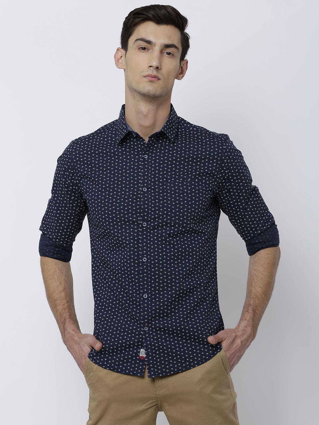 locomotive men navy blue slim fit printed casual shirt