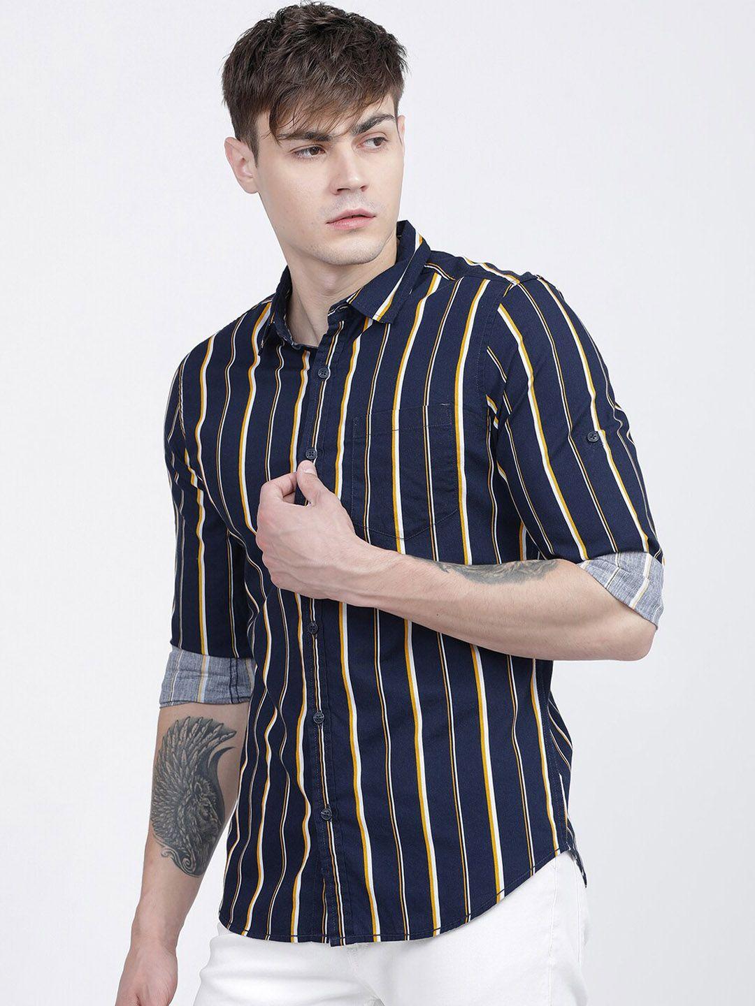 locomotive men navy blue slim fit striped casual shirt