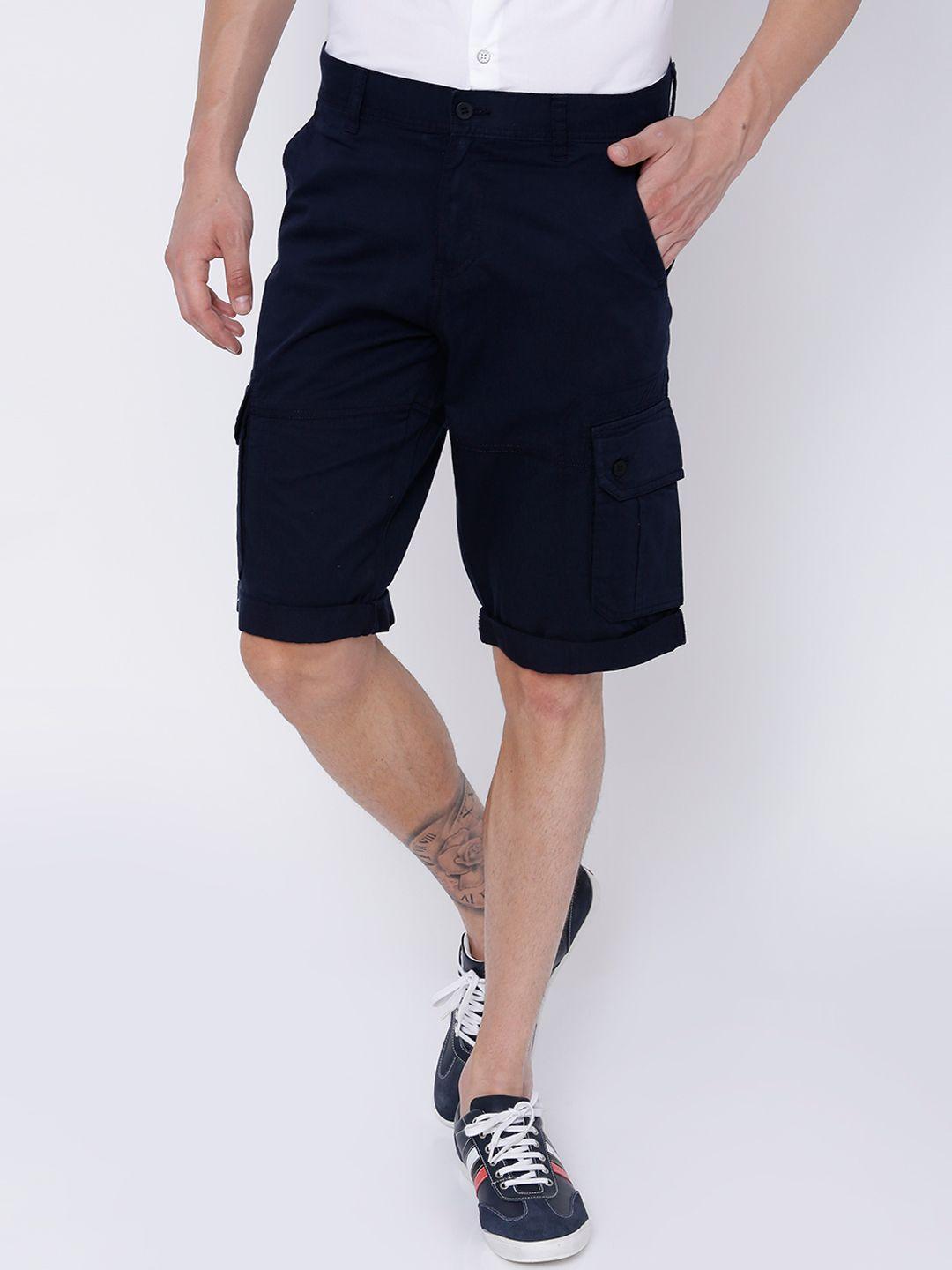 locomotive men navy blue solid slim fit cargo shorts