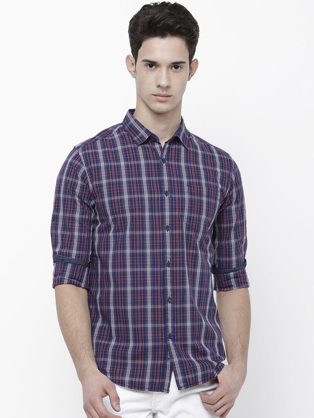 locomotive men navy slim fit checked casual shirt