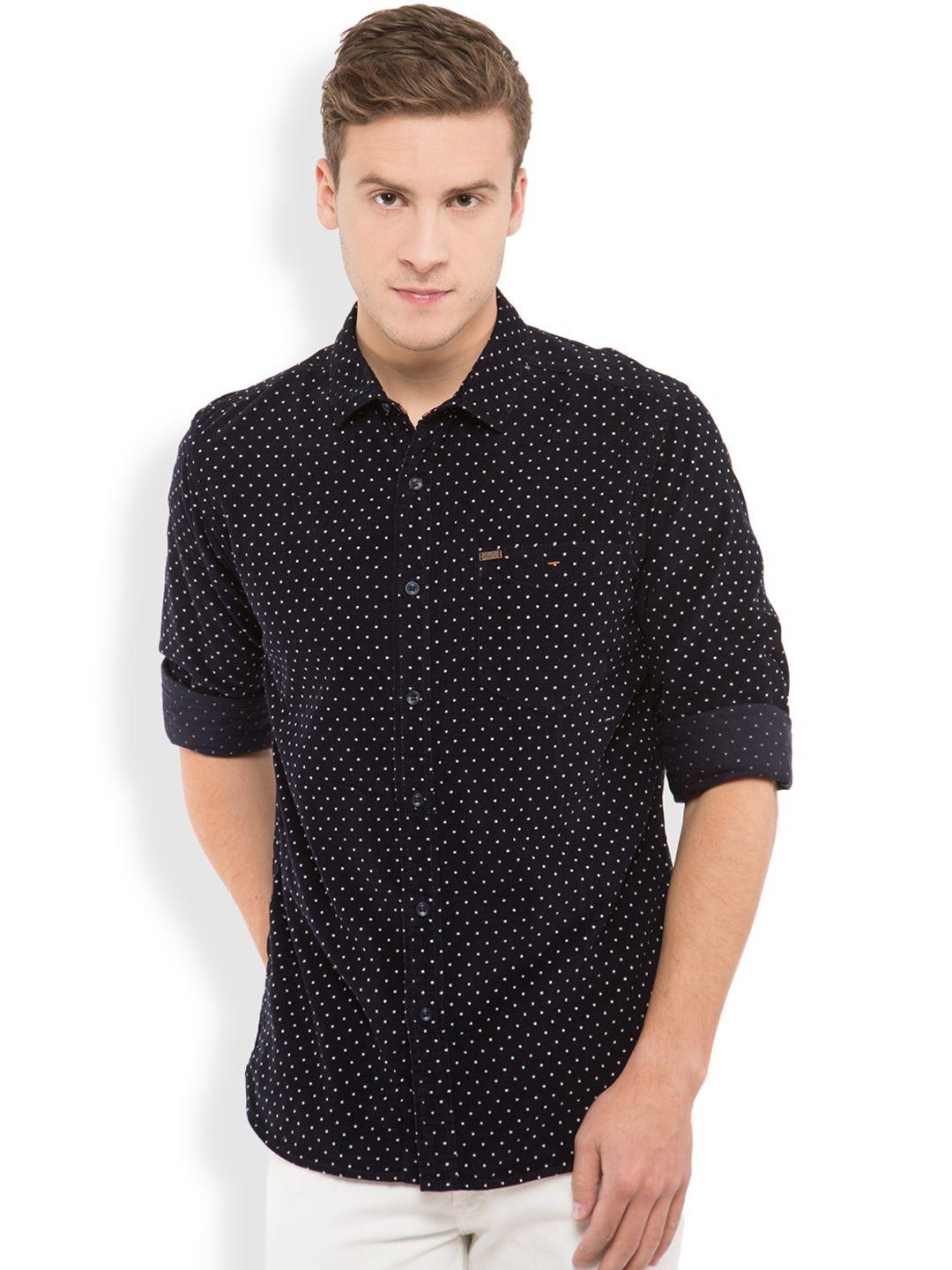 locomotive men navy slim fit polka dot print casual shirt