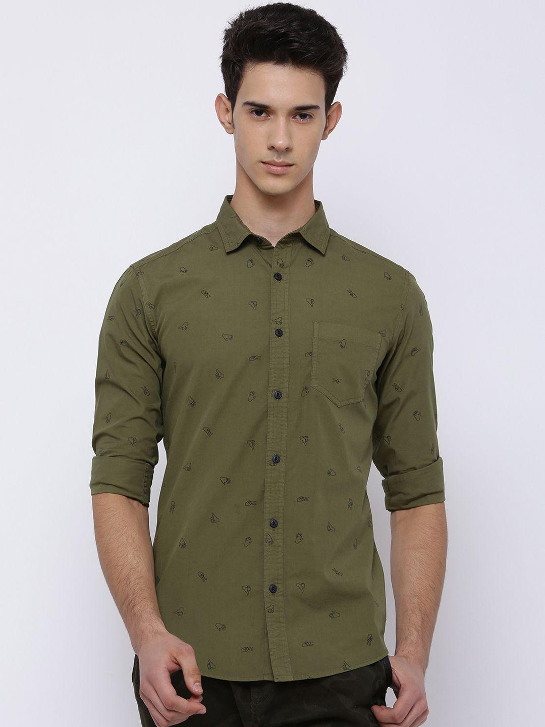 locomotive men olive green slim fit printed casual shirt