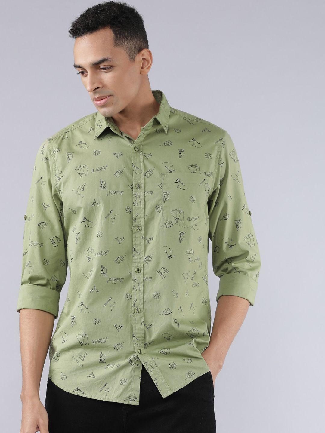 locomotive men olive green slim fit printed casual shirt