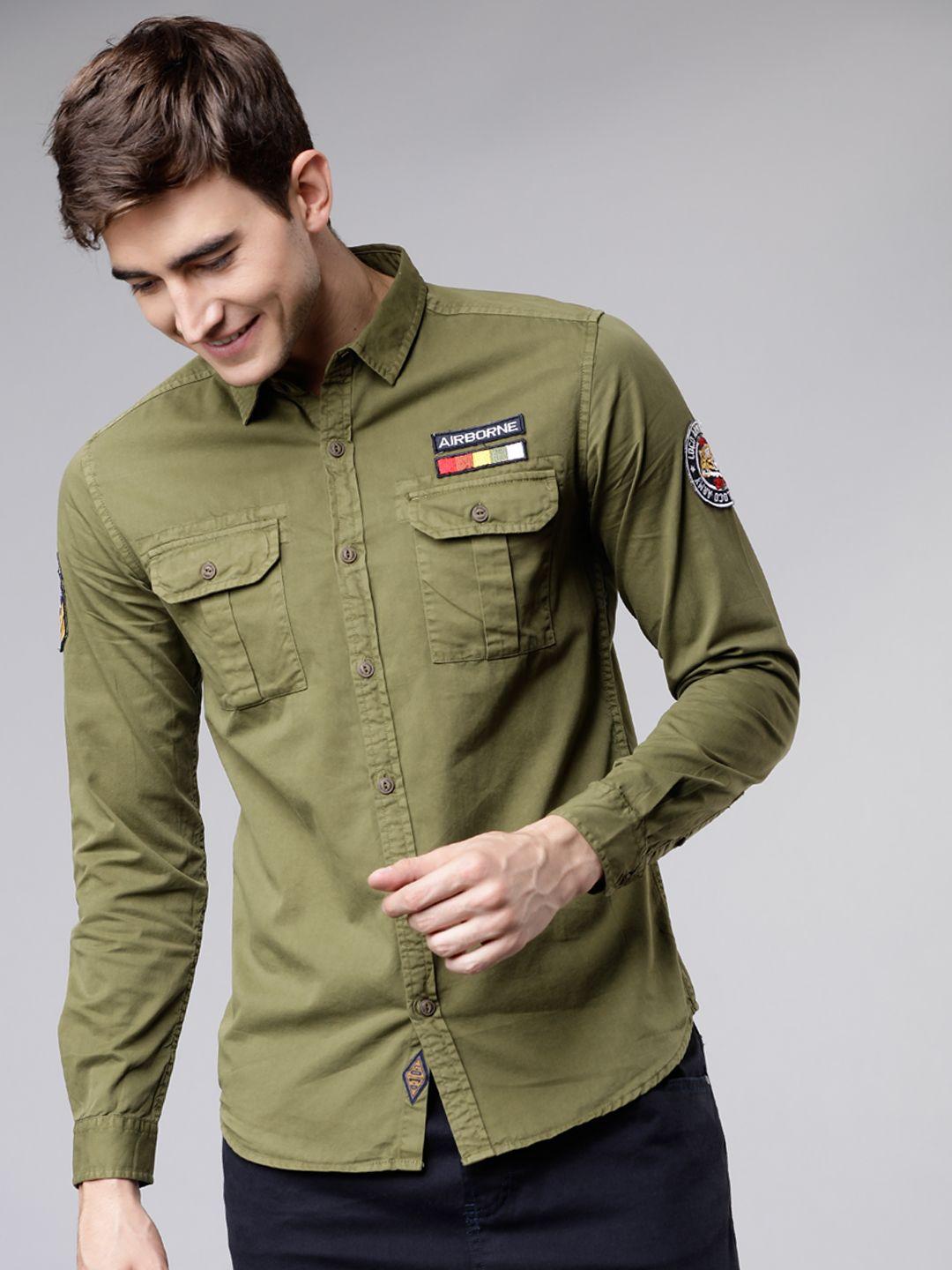 locomotive men olive green slim fit solid casual shirt