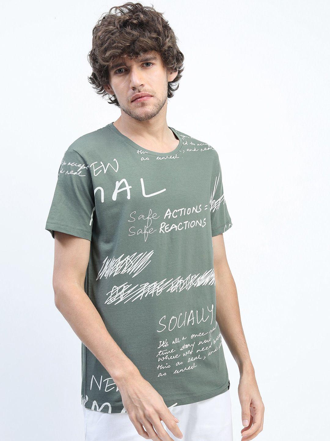 locomotive men olive green typography printed raw edge slim fit t-shirt