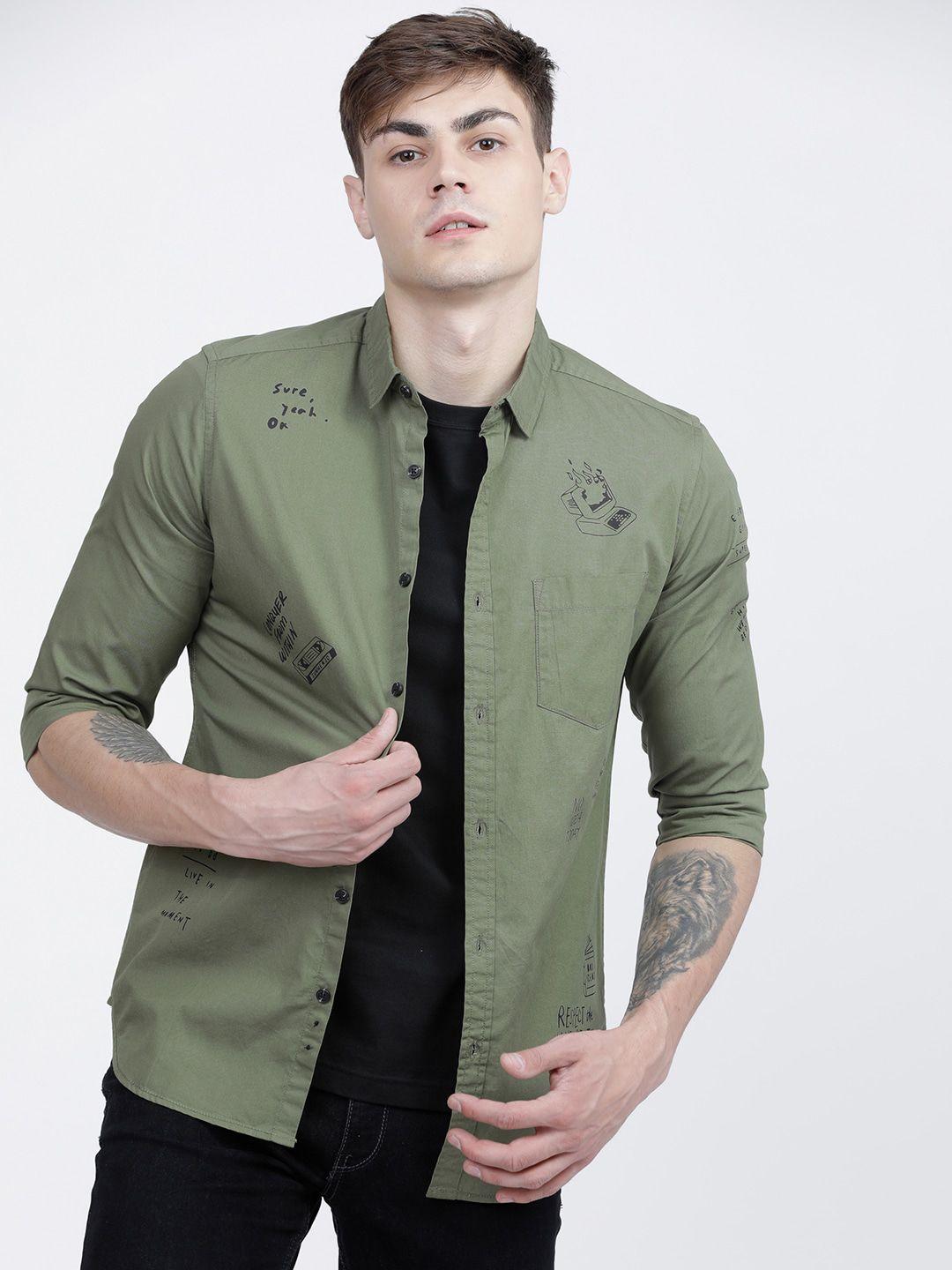 locomotive men olive slim fit printed casual shirt