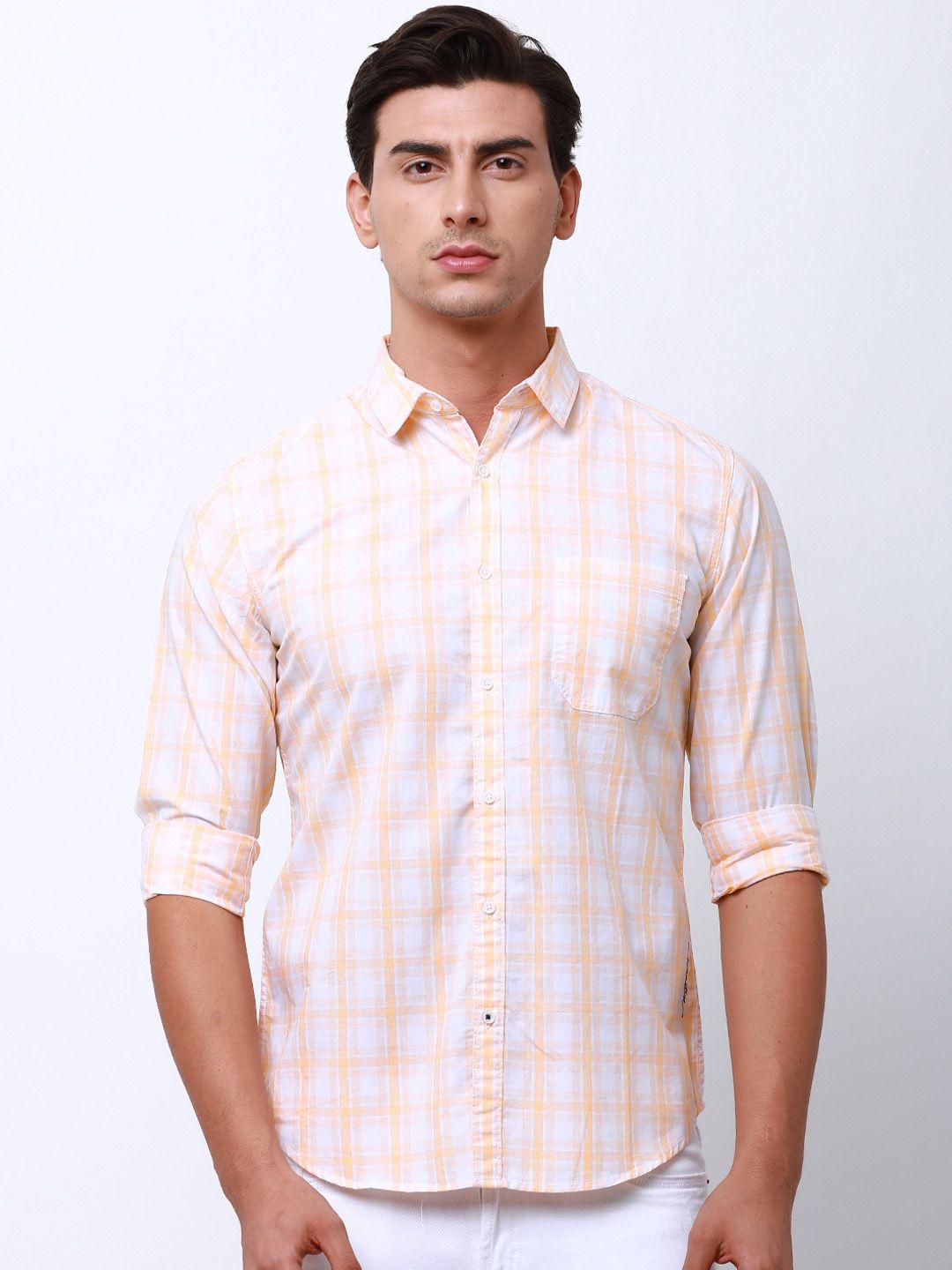 locomotive men orange & white slim fit checked casual shirt