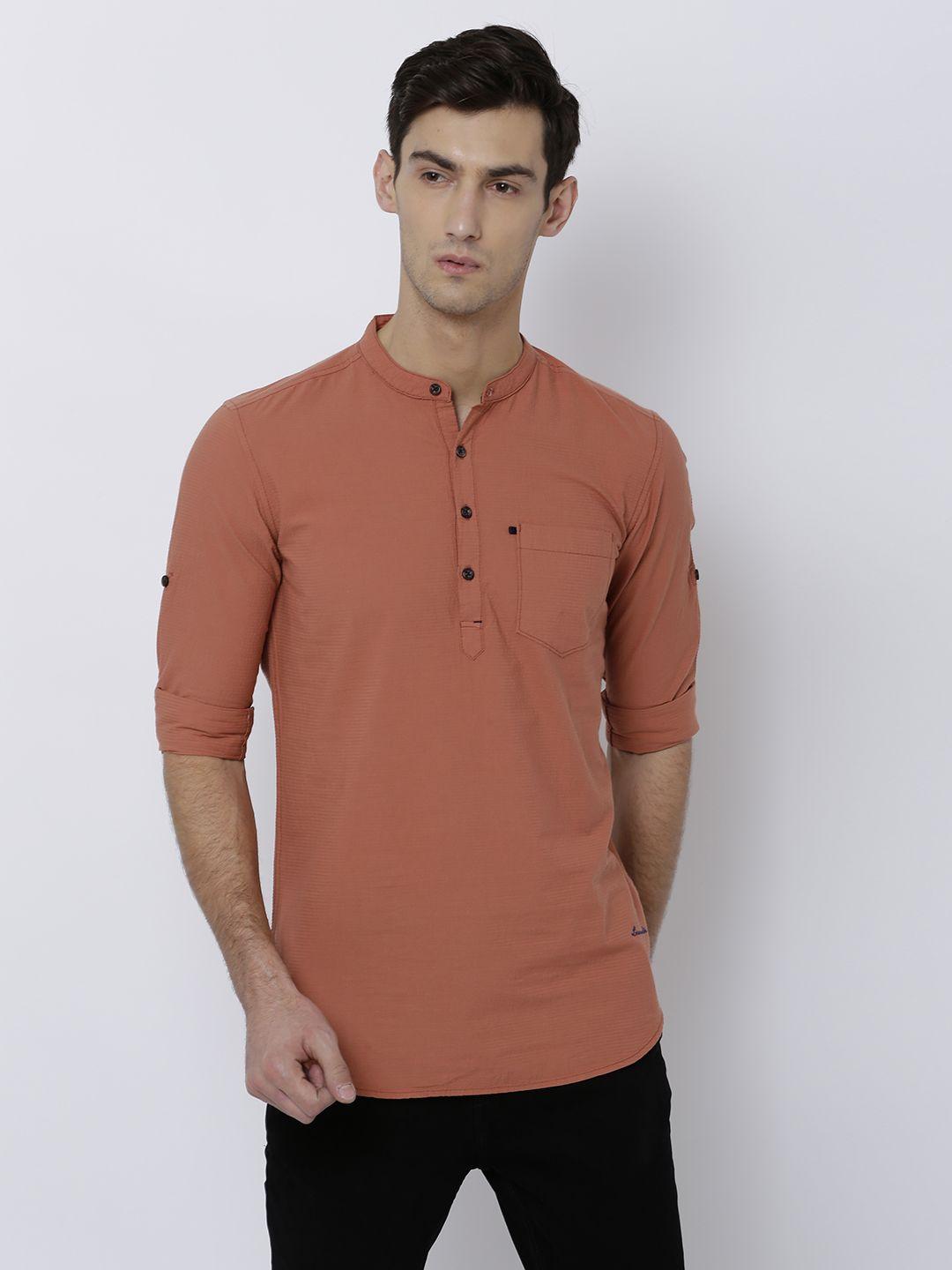 locomotive men orange slim fit solid casual shirt