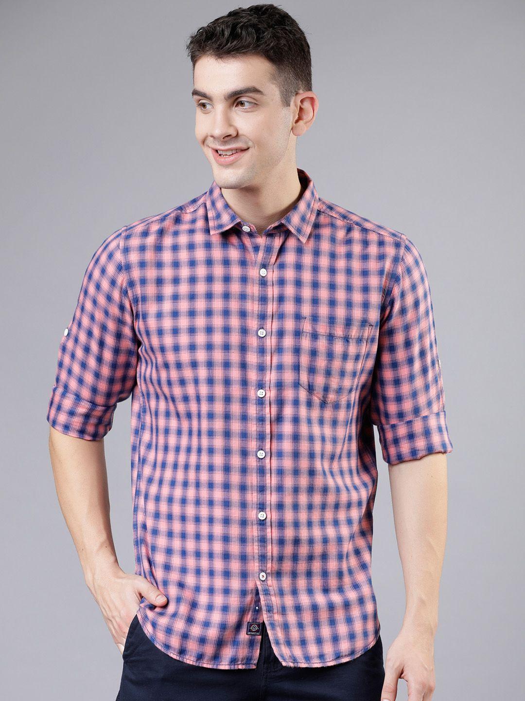 locomotive men pink & navy blue slim fit checked casual shirt