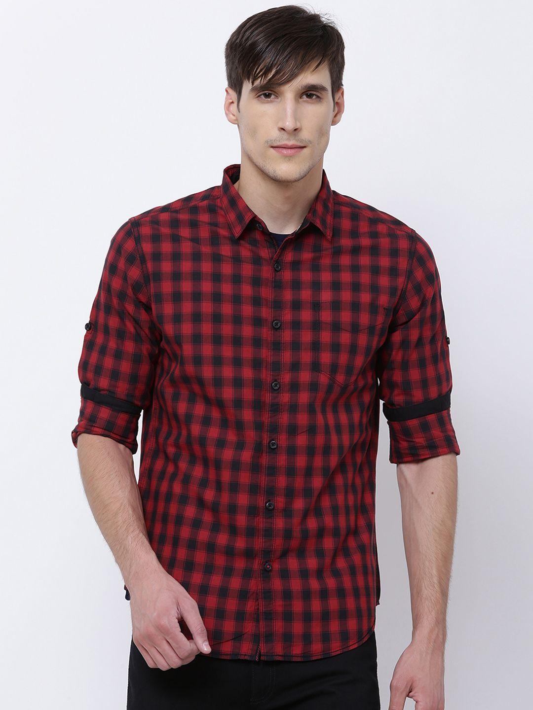 locomotive men red & black slim fit checked casual shirt