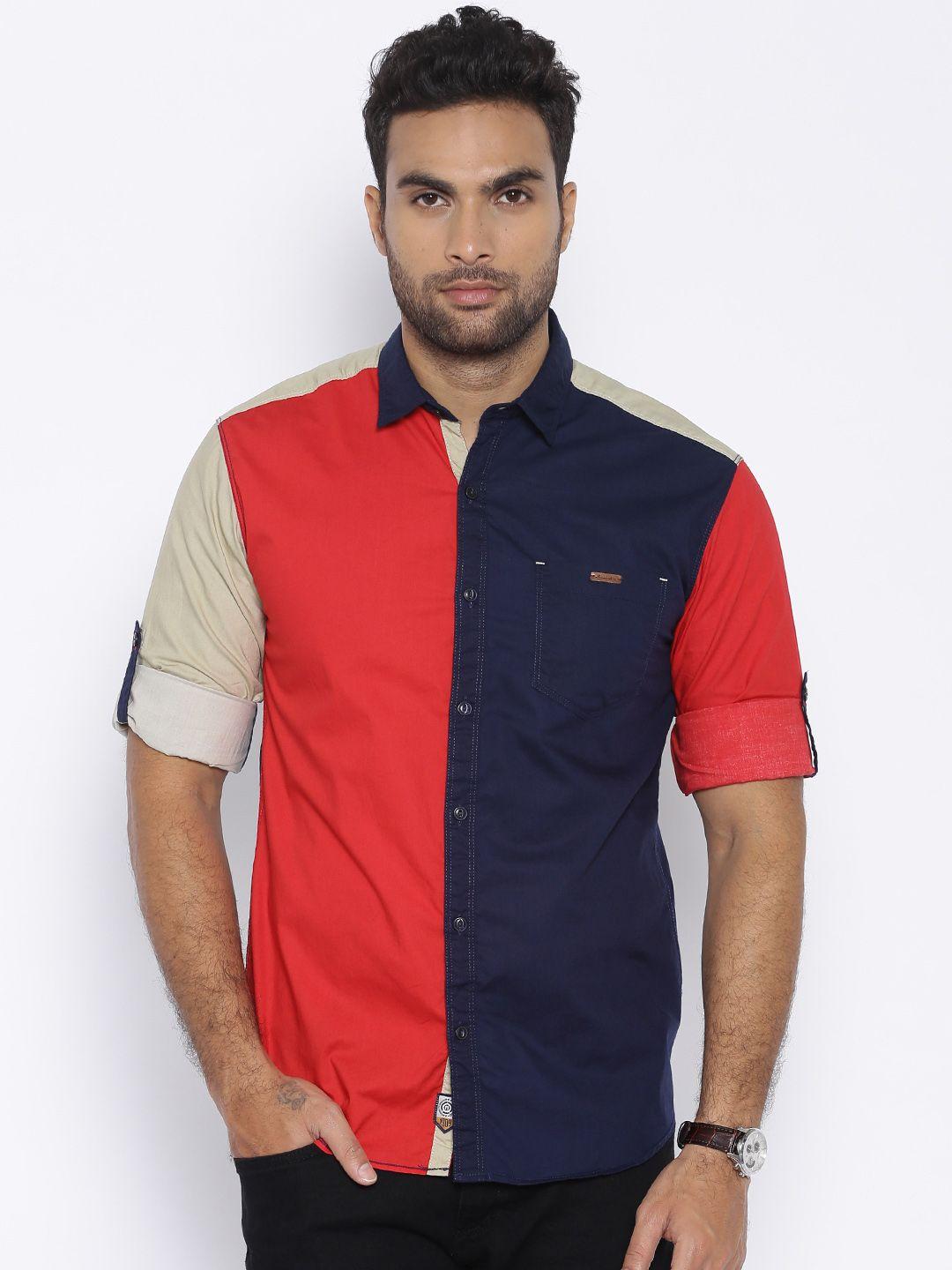 locomotive men red & navy regular fit colourblock casual shirt