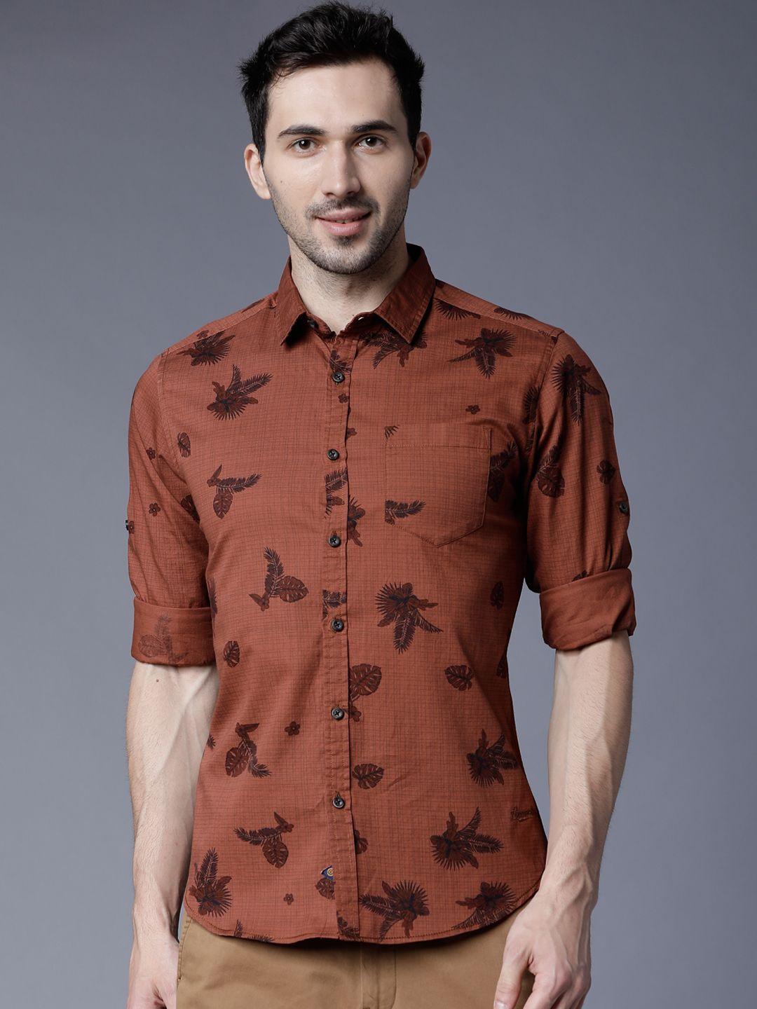 locomotive men rust brown slim fit printed casual shirt