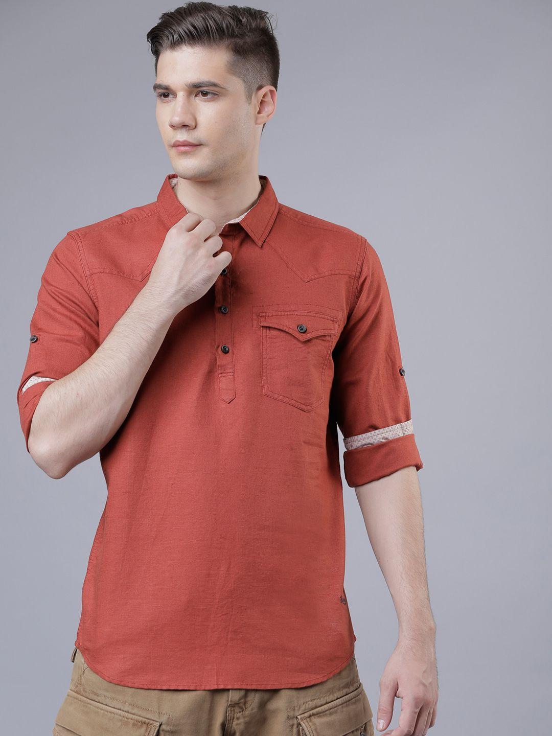 locomotive men rust orange slim fit solid casual shirt