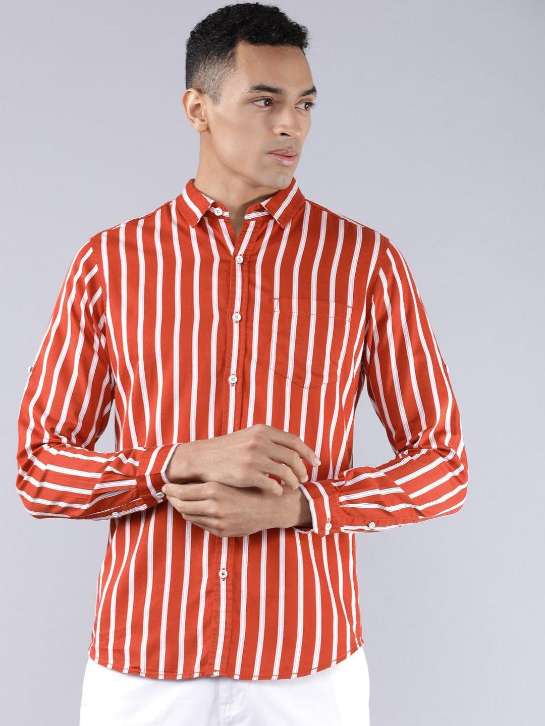 locomotive men rust red & white striped slim fit casual shirt