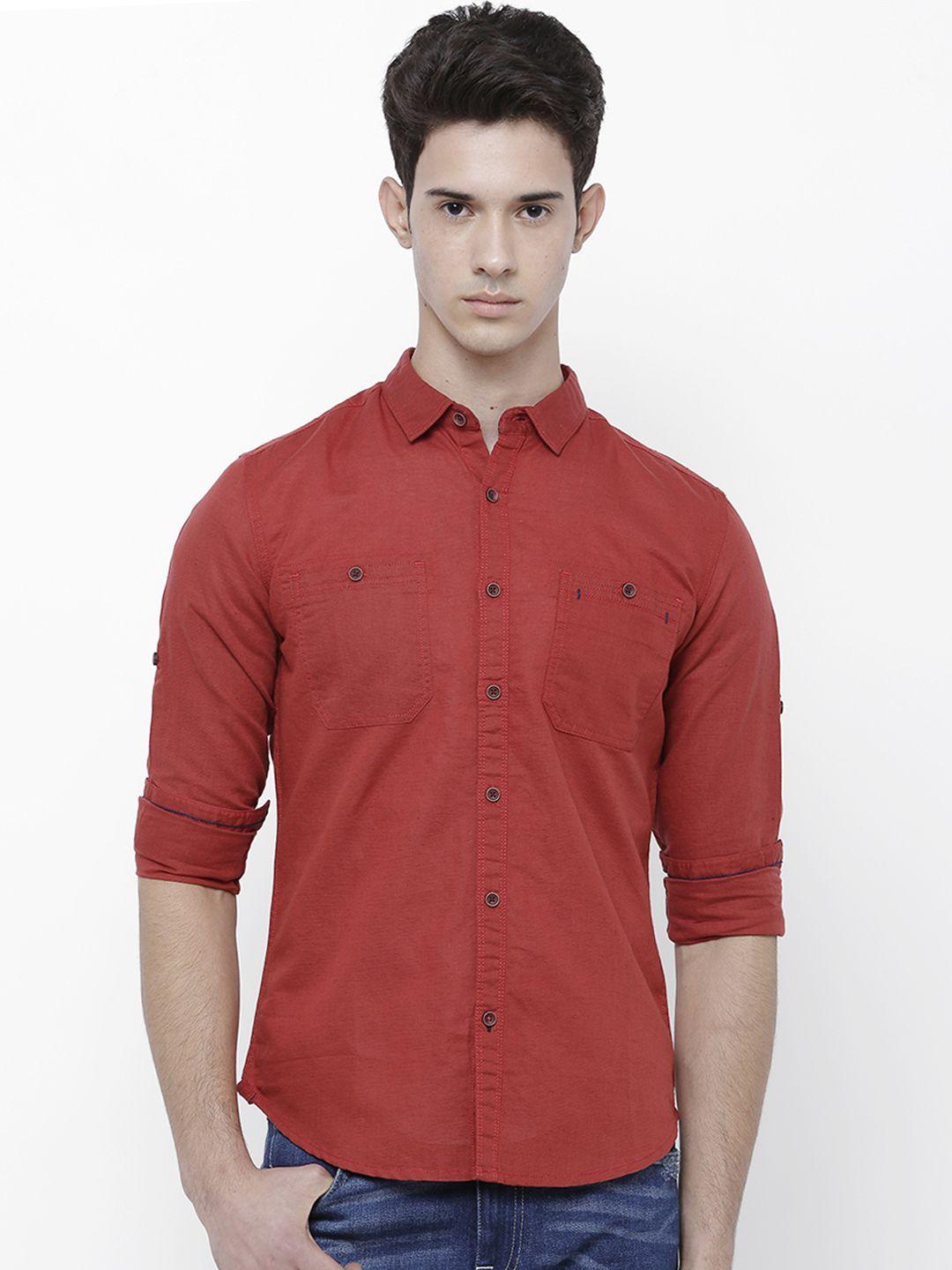 locomotive men rust red slim fit solid casual shirt