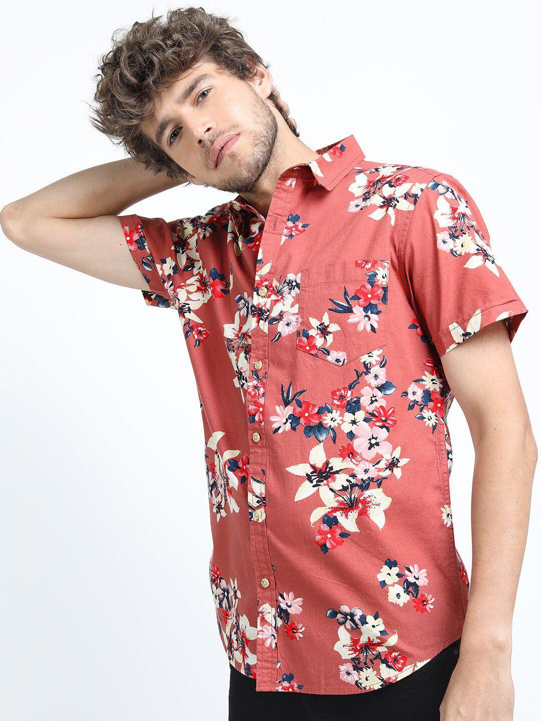 locomotive men rust slim fit floral printed cotton casual shirt