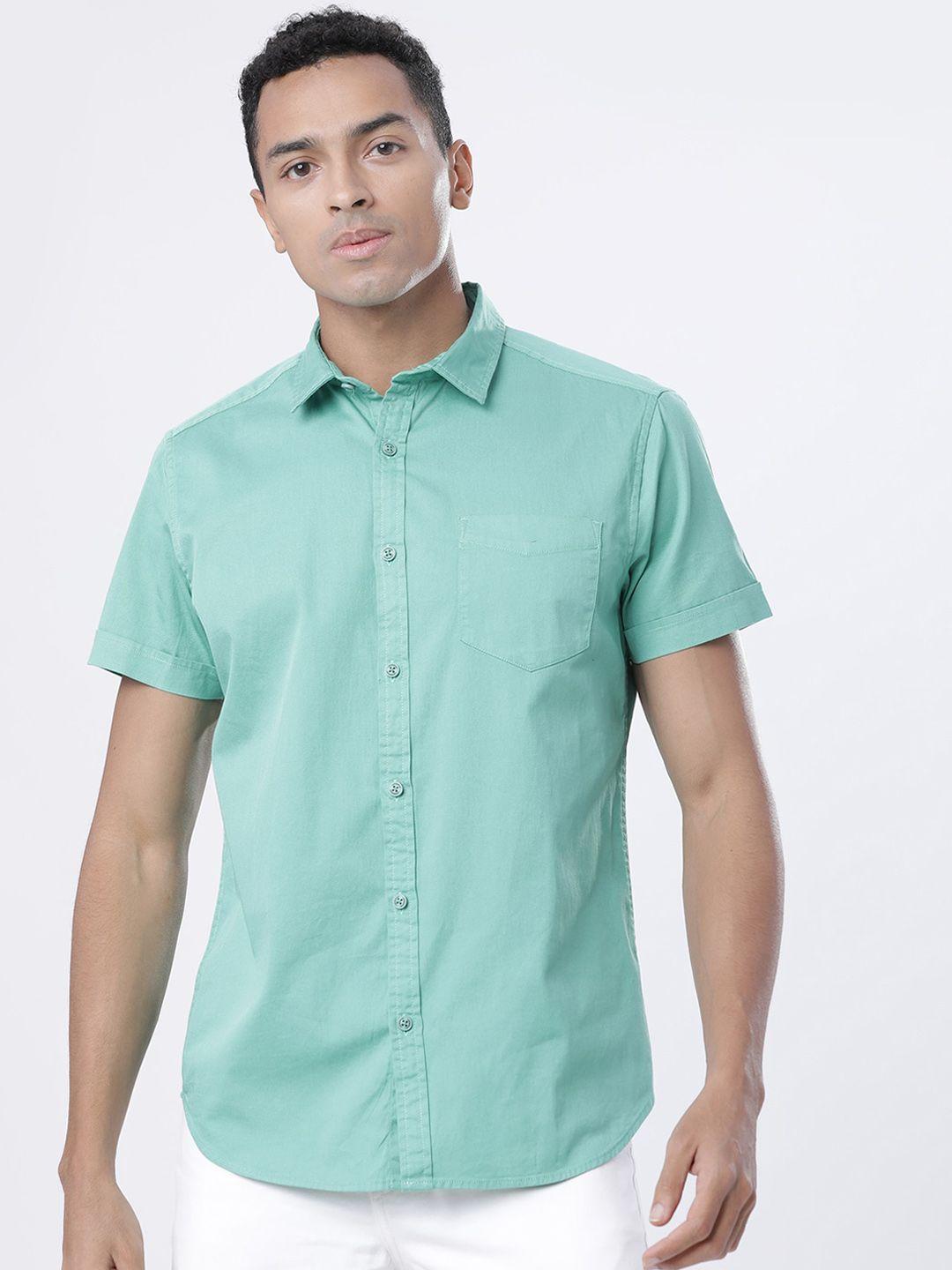 locomotive men sea green solid cotton slim fit  casual shirt