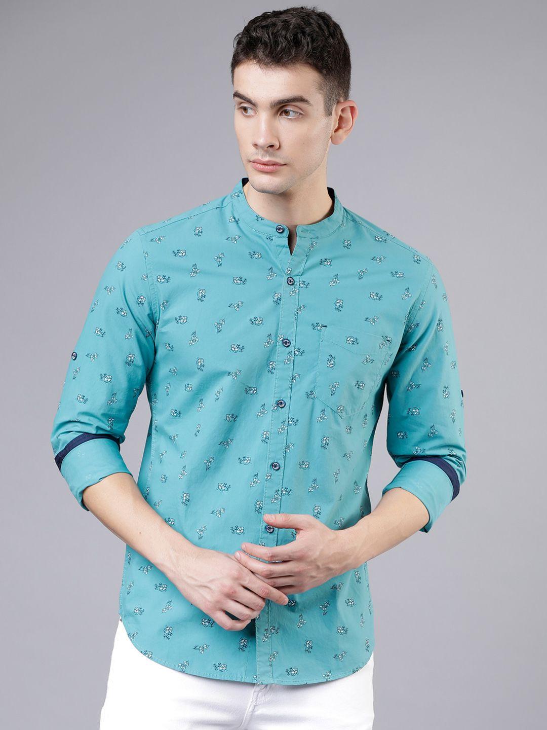 locomotive men teal blue slim fit printed casual shirt