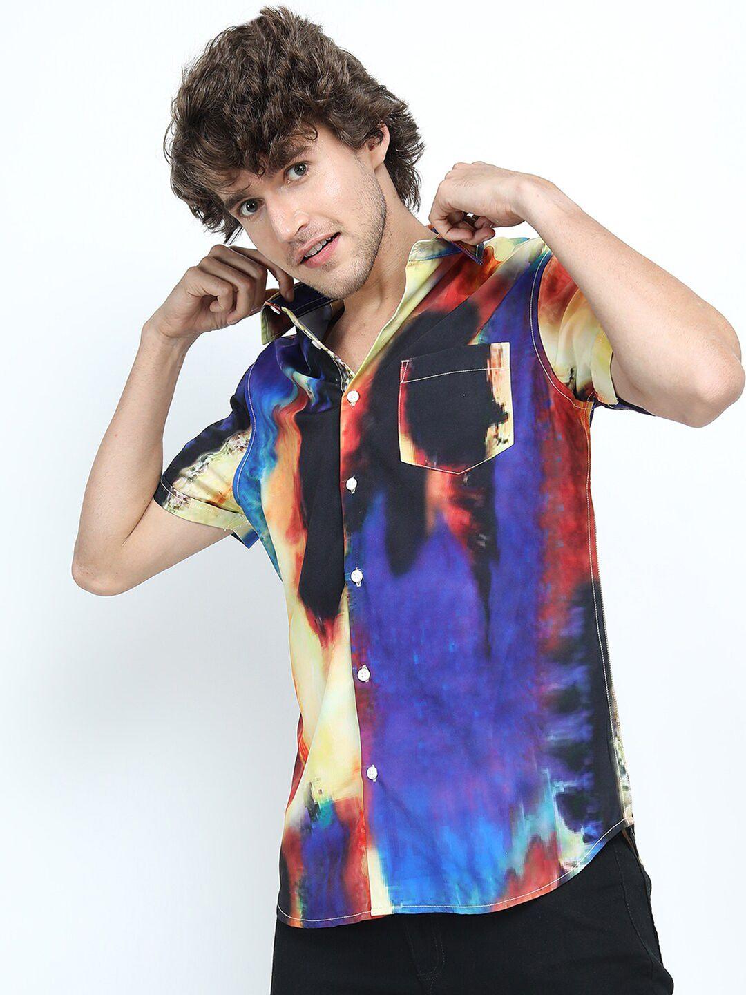 locomotive men yellow & blue slim fit abstract printed casual shirt