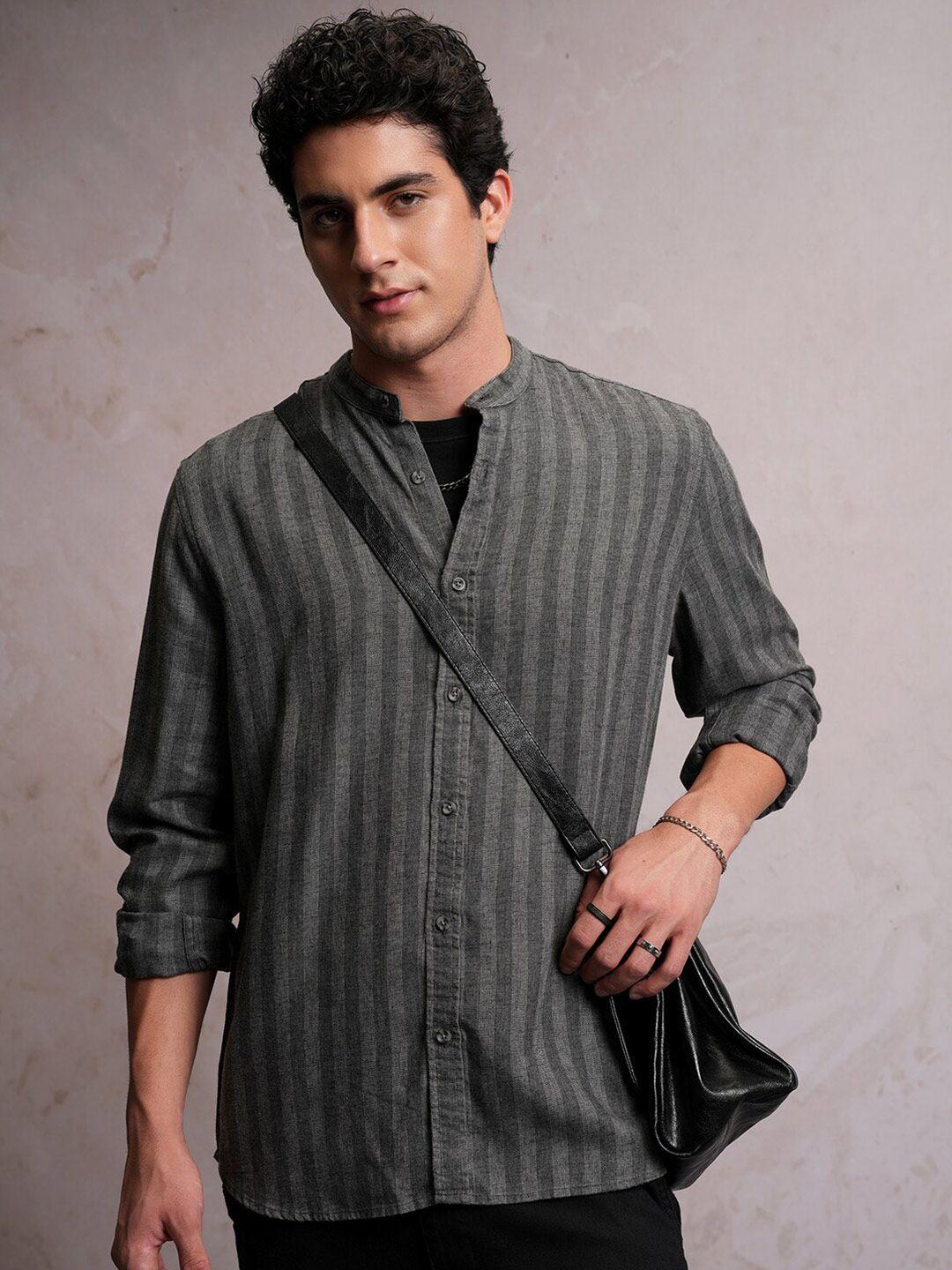 locomotive premium linen blend textured striper stand-up collar regular shirt
