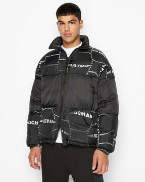 logo print puffer jacket with hidden hoodie