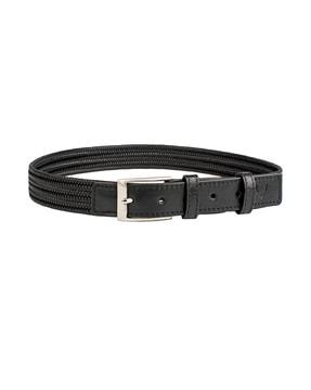 logo-embossed belt with tang buckle closure