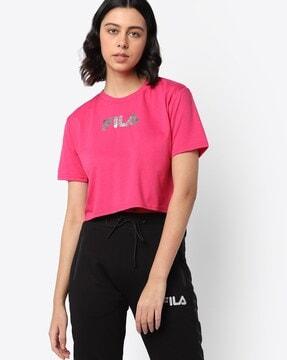 logo print round-neck high-low top with keyhole back