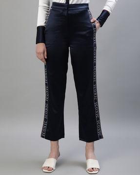 logo print straight fit flat-front trousers